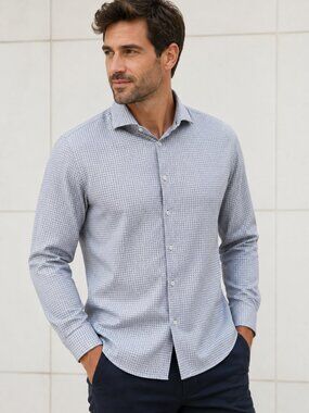 Black Brown 1826 Non-Iron Blue White Geometric Dress Shirt Men's 17.5/44 Large
